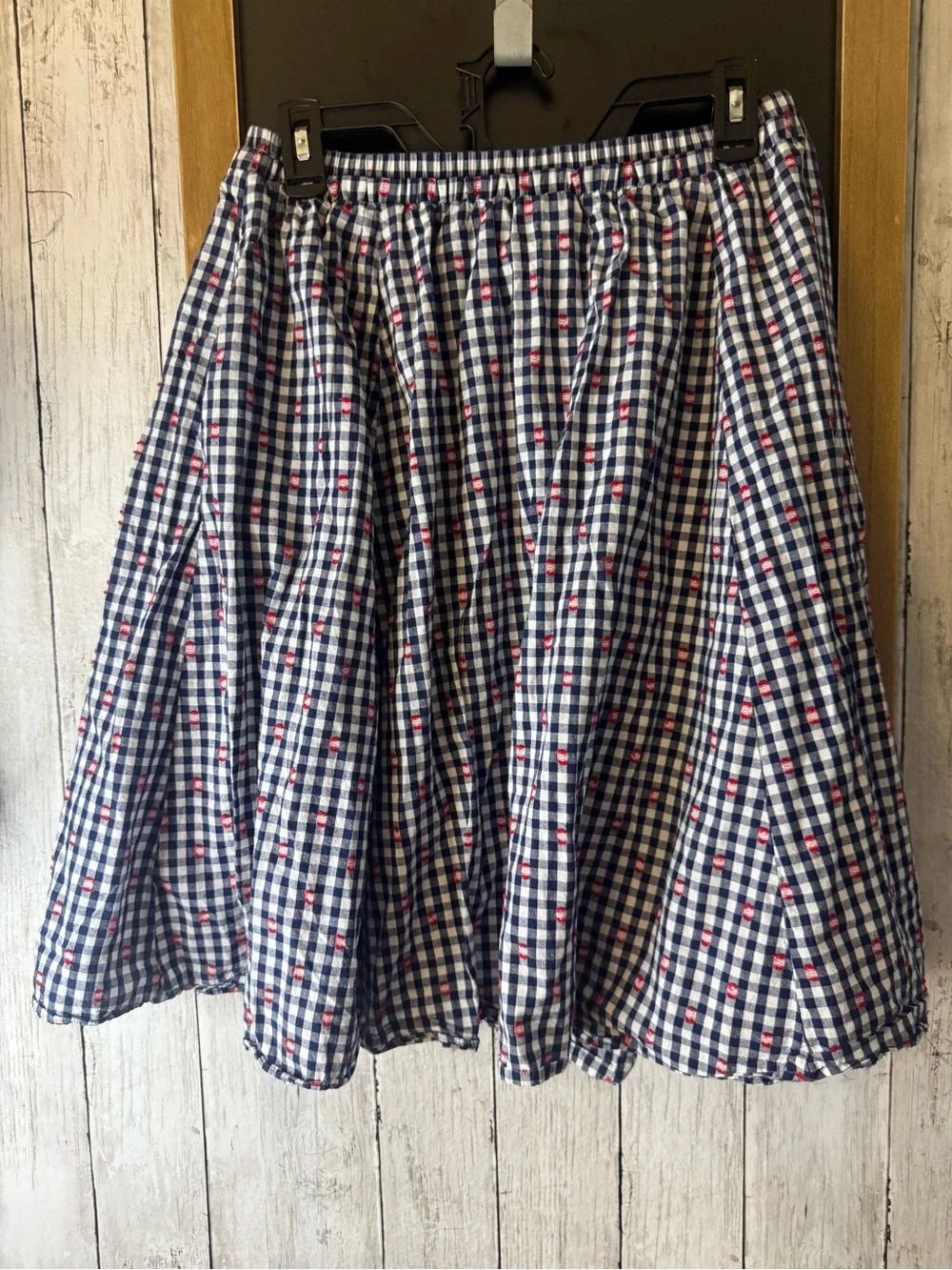 Maeve navy gingham skirt with red accents. Size M